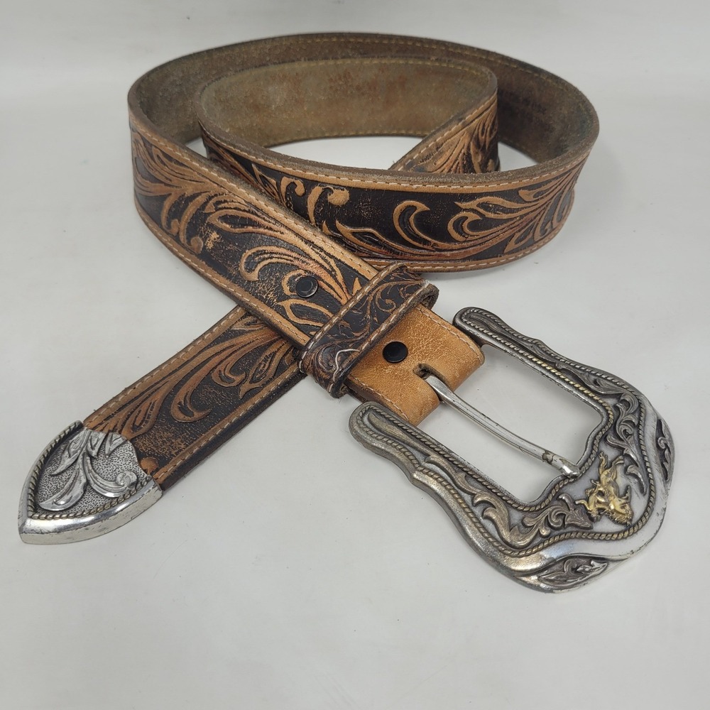 Tony Lama Belt 34 Brown Leather Westerly Ride Tooled Western Horse Buckle C41514
